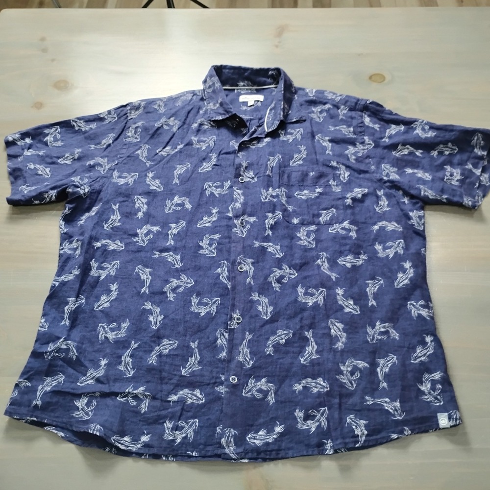 Peter Millar 100% Linen Shirt Mens XL Blue Koi AOP Short Sleeve Button Down